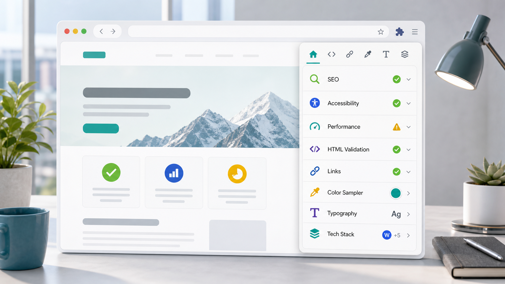 Browser window with a toolbar extension panel showing local website QA checks for SEO, accessibility, speed, HTML, links, color, type, and tech stack signals.