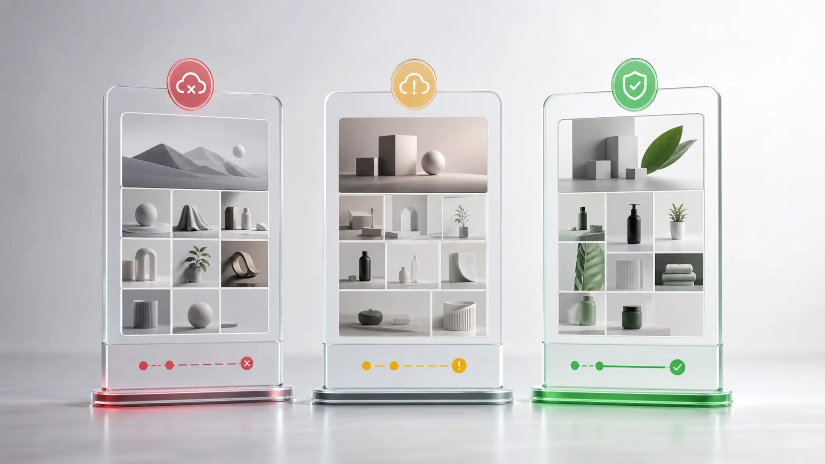 Three abstract ecommerce gallery app panels shown side by side with different reliability indicators.