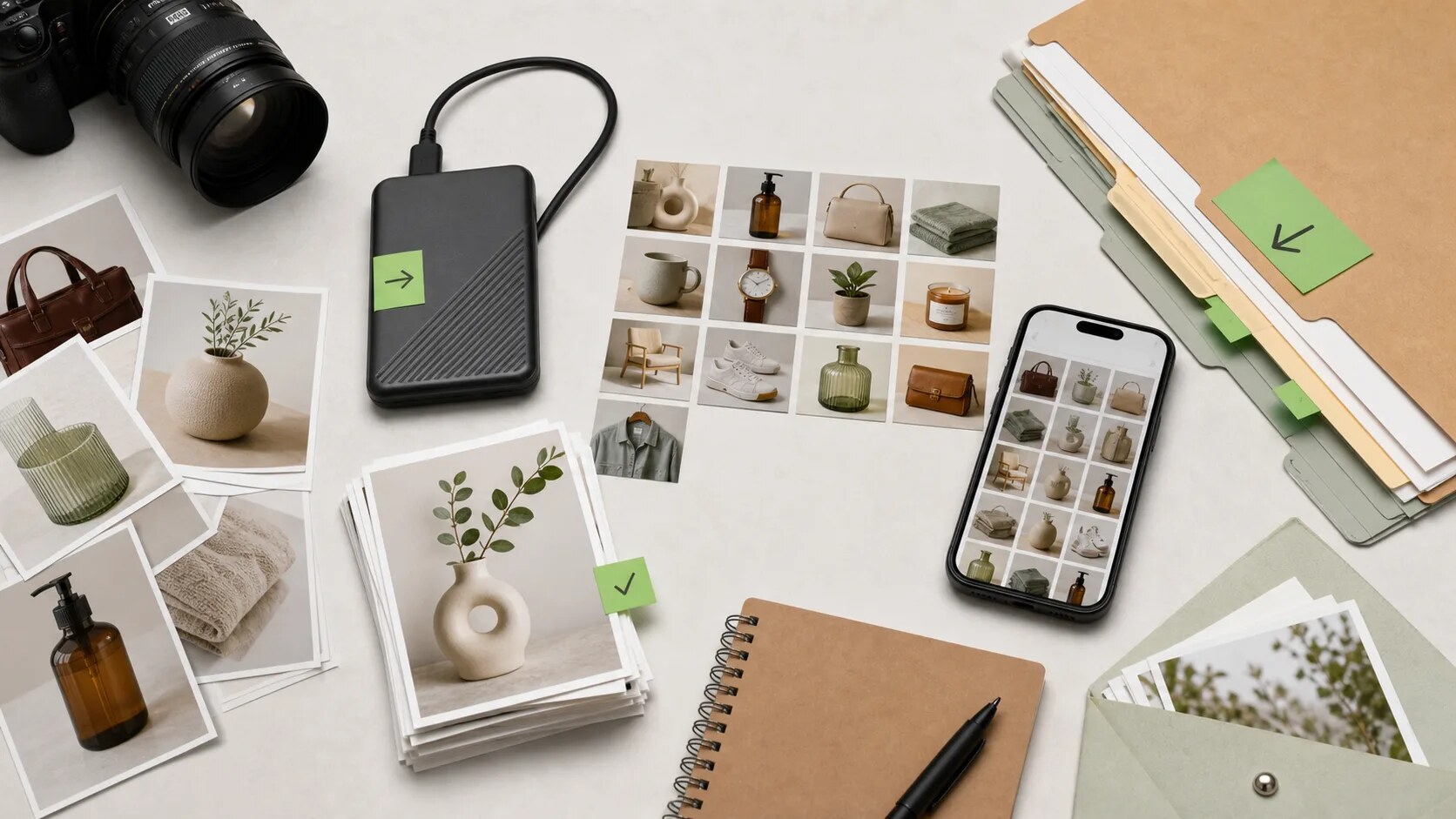 Overhead desk scene with recovered product photos, folders, a phone gallery, and a portable drive.