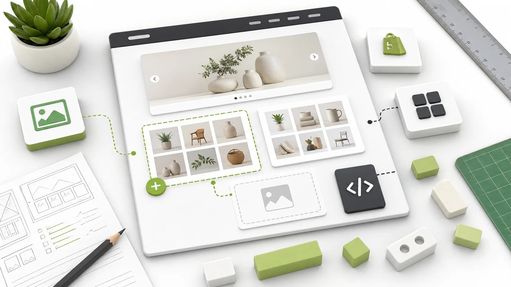 Modular ecommerce gallery blocks being arranged on a clean store page canvas with layout tools.