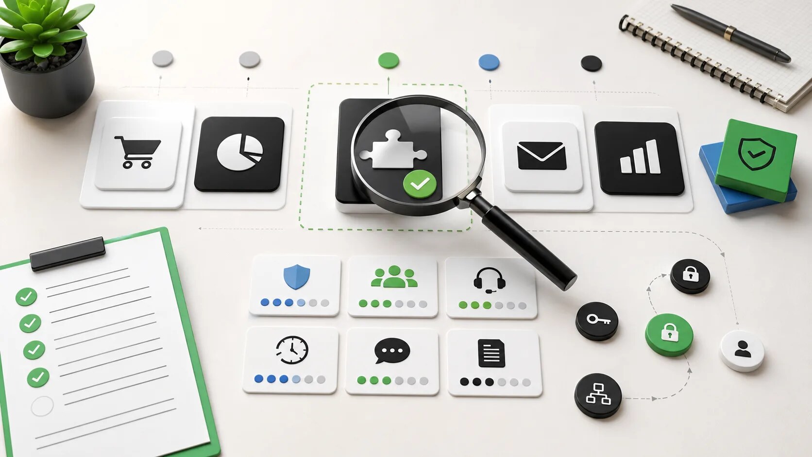 App evaluation board with abstract app tiles, permission signals, support indicators, and a magnifying glass.