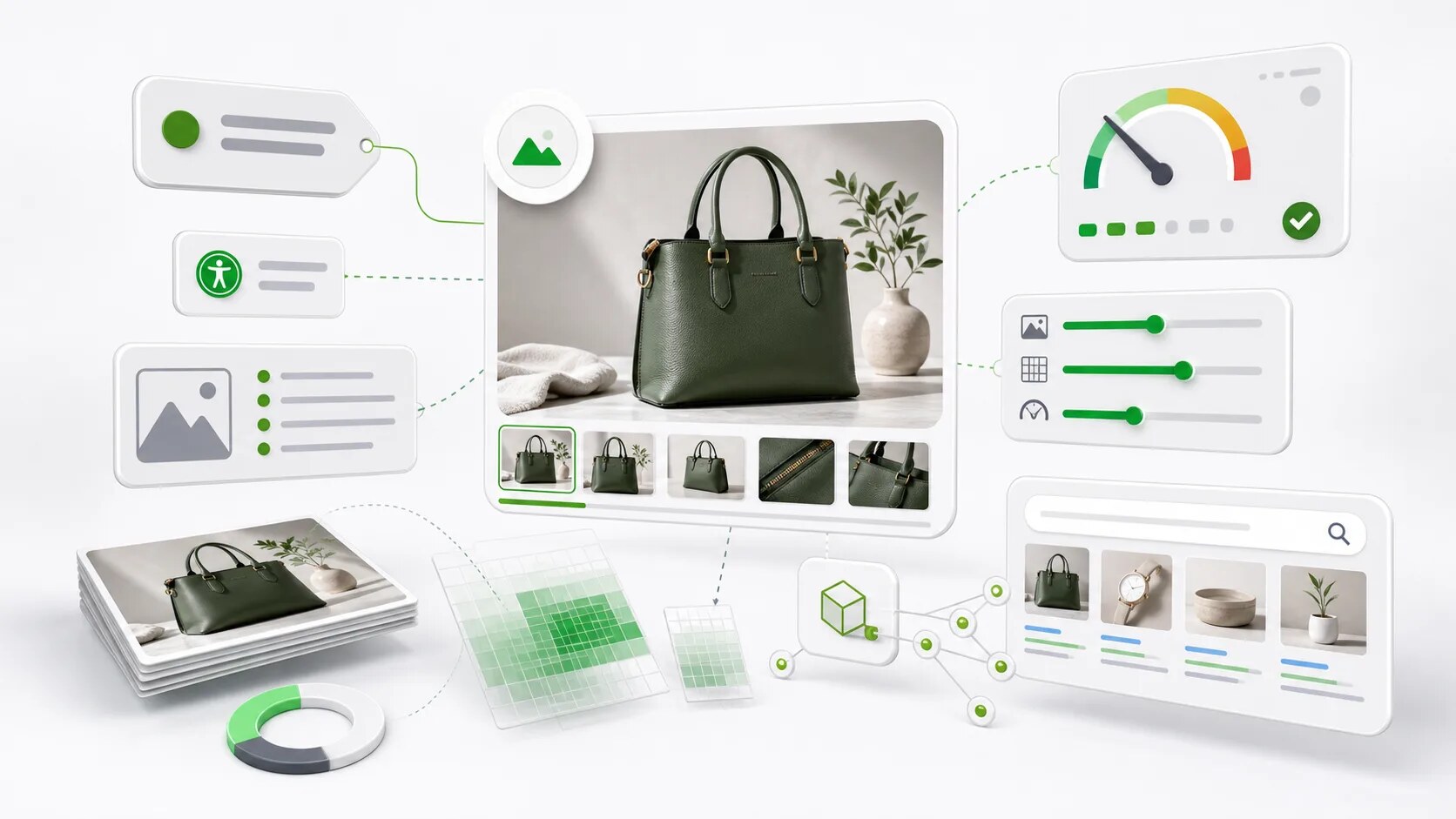 Product image optimization scene with search, speed, accessibility, and structured data signals around a gallery.