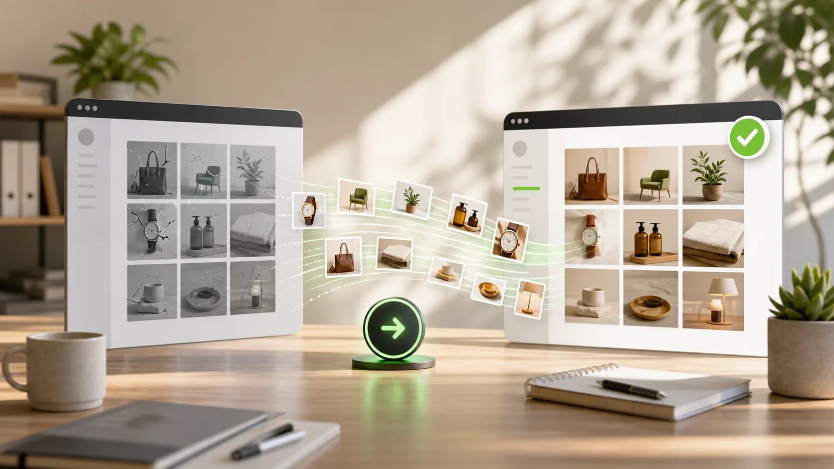 Product photo thumbnails moving from a broken gallery interface into a stable ecommerce gallery workspace.