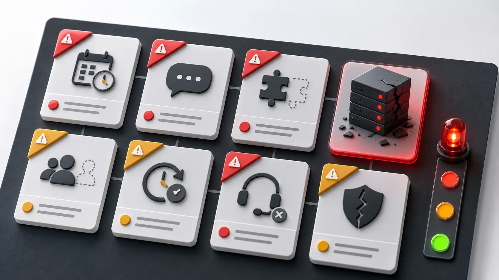 Risk audit board with app tiles, red flags, warning indicators, and a fragile server module.