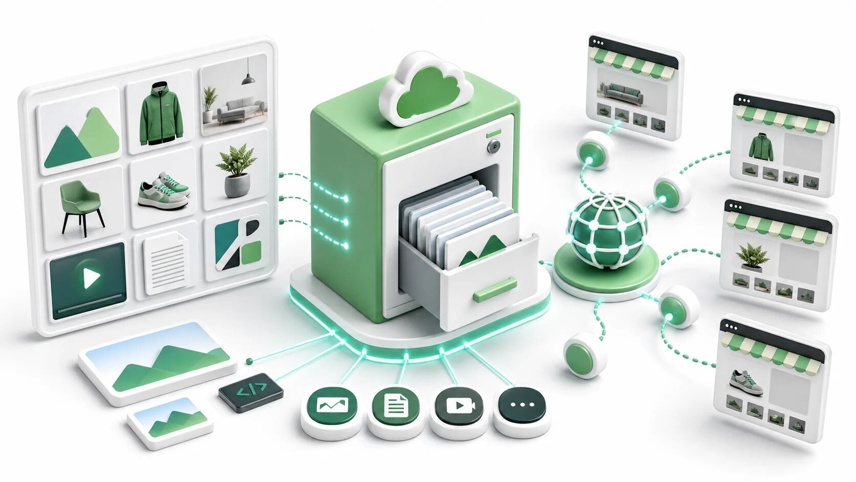 Isometric file storage scene with product images, document tiles, CDN nodes, and storefront previews.