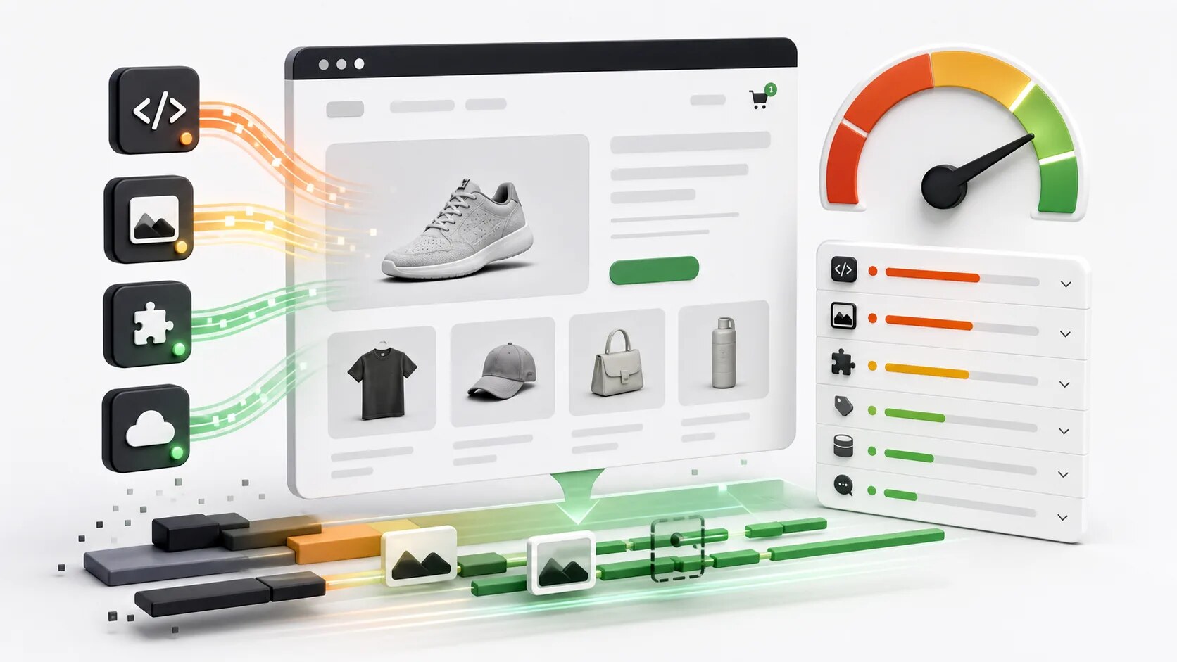 Ecommerce storefront performance diagnostics with speed gauge, app modules, image weights, and request lines.